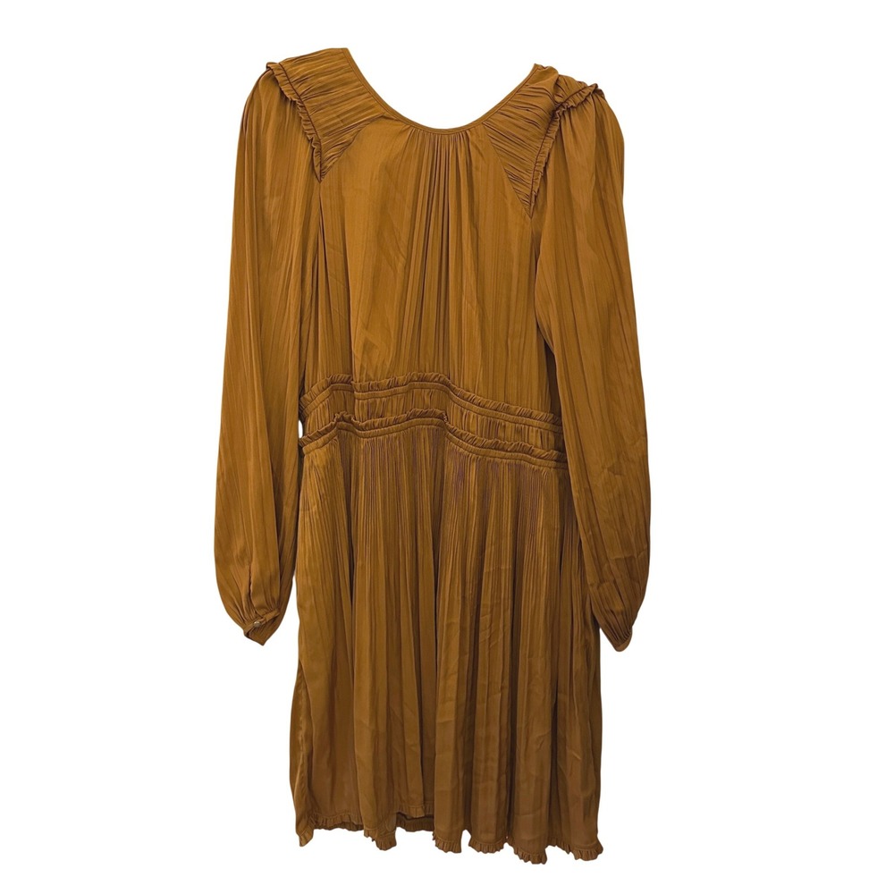 Maeve Anthropologie Pleated Mini Dress Womens‎ L Gold Orange NWT Smocked Waist